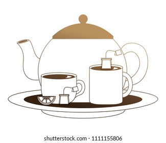 teapot with delicious lemon tea cups isolated icon