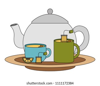 teapot with delicious lemon tea cups isolated icon