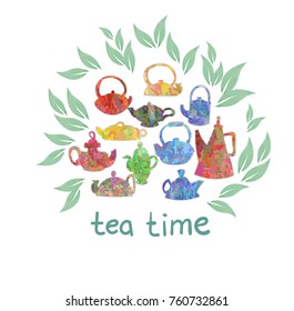teapot design elements vector card lettering tea time
