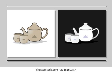 Teapot design illustration. Teapot with two glasses