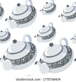 Teapot designed in classic style, decorated with ornaments seamless pattern. Tableware for tea, container with lid and handle. Dishware for serving hot beverage, decorative ceramic crockery, vector