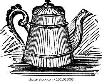 Tetera diseñada con asa para sujetar el dibujo de la cacerola, la línea vintage o la ilustración de grabado.