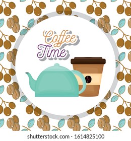 teapot disposable cup fresh beverage coffee time seeds background vector illustration