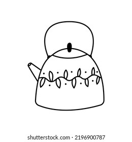 Teapot doodle linear. Cute kettle with patterns. Tea party element on a white background. Hand drawn vector illustration.