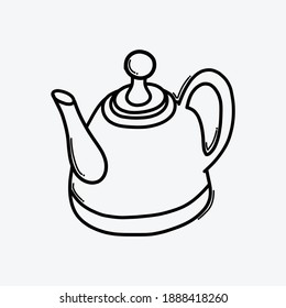 Icono vectorial del doodle de tetera. Línea dibujada a mano en la ilustración del esbozo de dibujo.