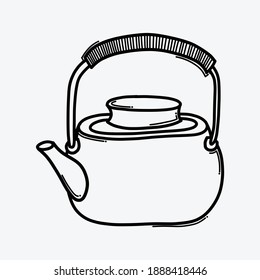 Icono vectorial del doodle de tetera. Línea dibujada a mano en la ilustración del esbozo de dibujo.