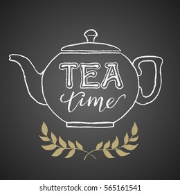Teapot drawn on chalkboard with Tea Time lettering