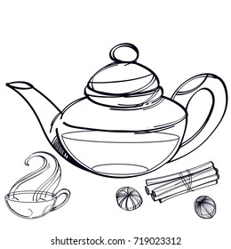 Teapot with drink contour black and white pattern for menu design.