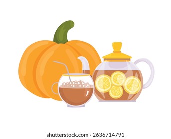 Teapot. Drink with lemon wedges in a glass teapot. Autumn, fall. Flat vector clipart, illustration with isolated background.