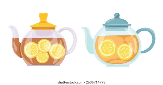 Teapot. Drink with lemon wedges in a glass teapot. Autumn, fall. Flat vector clipart, illustration with isolated background.