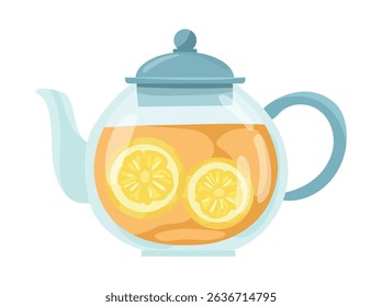 Teapot. Drink with lemon wedges in a glass teapot. Autumn, fall. Flat vector clipart, illustration with isolated background.