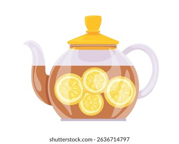 Teapot. Drink with lemon wedges in a glass teapot. Autumn, fall. Flat vector clipart, illustration with isolated background.