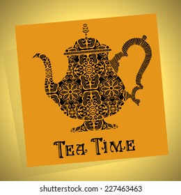Teapot with ethnic ornament on gold background. Tea time concept. Geometric and floral pattern, surface design, textile, fashion, cards, vector illustration