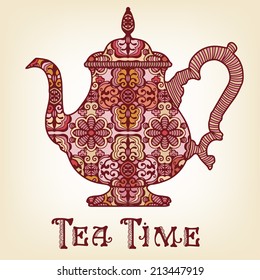 Teapot with ethnic ornament, tea time. Geometric and floral textures for print, wallpaper, web pages, surface design, textile, fashion, cards, vector illustration