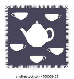 Teapot and five teacups. Vector silhouette. Logo, emblem for cafe, menu