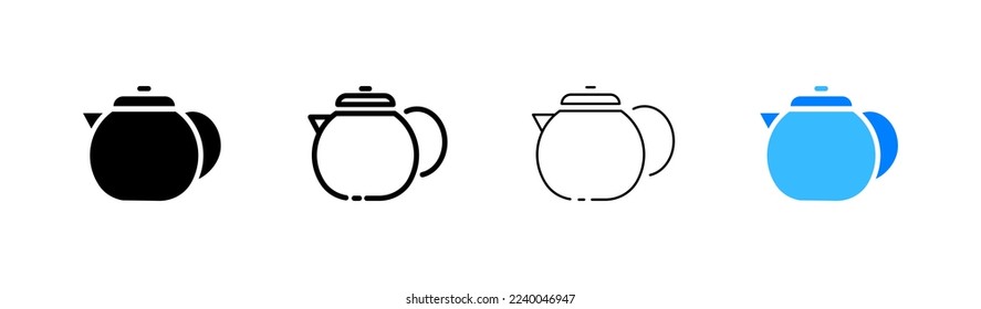 Iconos planos de tetera. Hojas, hierbas, sol, campos, cultivo, eco, agua hirviendo, taza, sabor, fruta, verde, negro. El concepto de bebida. Iconos de línea plana y negra vectorial fijados en fondo blanco