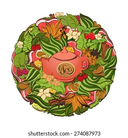  Teapot with floral background. Bring doodle template patern with flowers, fruits, berries and vanilla flowers