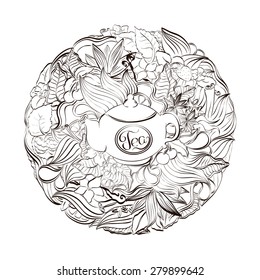 Teapot with floral background. Sketch doodle illustration with flowers, fruits, berries and vanilla flowers