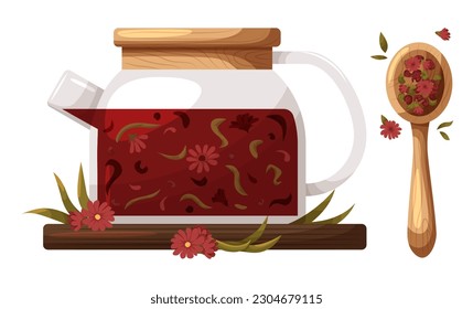 a teapot with floral green tea and a glass transparent teacup