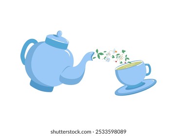 Teapot with floral herbal green tea. Cup and saucer, kettle. Background white isolated. Vector illustration.