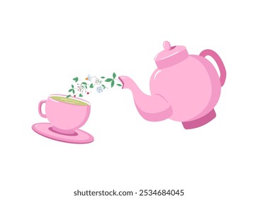 Teapot with floral herbal green tea. Cup and saucer, kettle. Background white isolated. Vector illustration.