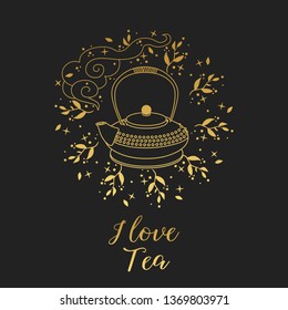 Teapot and floral wreath on black background. Vector illustration