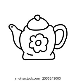 Teapot with a flower. Black and white illustration, hand drawn coloring.