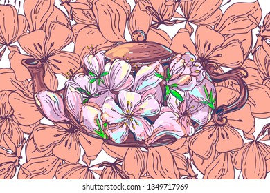 Teapot with flower buds and cherry or Apple petals on a blooming background. Vector illustration. Tea ceremonies. Pottery. Sketch, Doodle. Poster. Postcard. Banner. Art. Japan. China. Tradition.