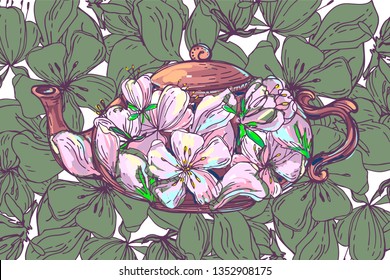 Teapot with flower buds and cherry or Apple petals on a blooming background. Vector illustration. Tea ceremonies. Pottery. Sketch, Doodle. Poster. Postcard. Banner. Art. Japan. China. Tradition.