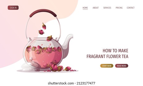 Teapot with flower tea. Tea shop, break, cafe-bar, tea lover, tea party, beverages concept. Vector illustration for poster, banner, website, menu, advertising. 