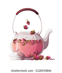 Teapot with flower tea. Tea shop, break, cafe-bar, tea lover, tea party, beverages concept. Isolated vector illustration for poster, banner, cover, menu, advertising. 