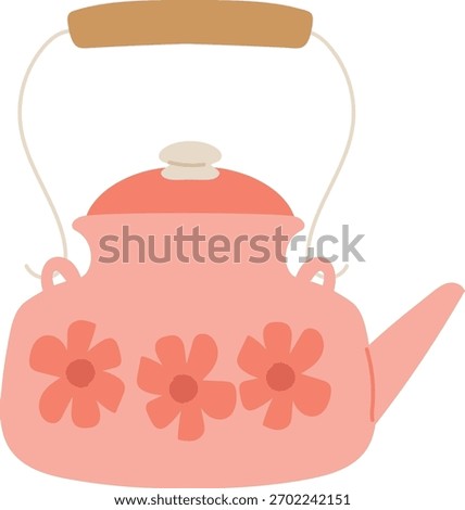 A teapot with flowers in a flat, simple style. The kettle features a floral pattern and a curved spout. Cartoon vector illustration.