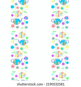 Teapot and flowers garden party seamless vertical border pattern. Tea party theme vertical border floral seamless pattern design. It is suitable for wrapping, table cover, wallpaper, textile, fabric.