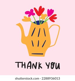 Teapot with flowers. Thank you. Vector illustration on pink background.