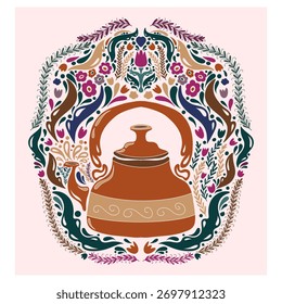 Bule de chá. Padrão de estilo popular, simétrico, elemento vetorial detalhado. Rústico, estilo escandinavo, pintura popular.