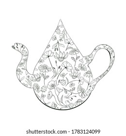 A teapot in the form of a drop with flowers. Healthy eco-friendly herbal drink. Monochrome vector illustration.