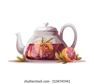 Teapot with fruit and berry tea. Tea shop, break, cafe-bar, tea lover, tea party, beverages concept. Isolated vector illustration for poster, banner, cover, menu, advertising. 