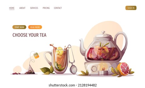 Teapot with fruit and berry tea, teacup with lemon and mint, tea bag. Tea shop, break, cafe-bar, tea party, beverages concept. Vector illustration for poster, banner, website, advertising.