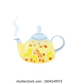 Teekanne mit Fruchttee. Hot Tee mit Scheiben aus frischen Zitronen, Orange, Meeresbuckthorn-Beeren. Ein warmes Getränk. Tea time, Frühstück. Vektorgrafik im flachen Stil einzeln auf weißem Hintergrund.