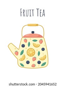 Tetera con té de frutas aislada de fondo blanco. Ilustración del vector