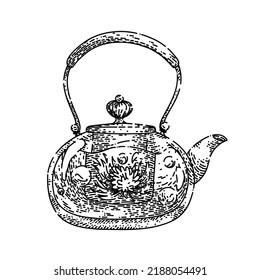 teapot glass hand drawn vector. tea pot, transparent clear kettle, teatime, hot beverage teapot glass sketch. isolated black illustration