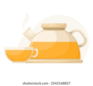 Teapot glass with sea buckthorn tea or mango, glass mug. Drink image in flat style.