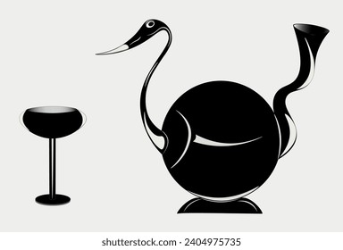 teapot and glasses, drink holder with goose spoon. For serving wine, syrup, coffee, tea. decorative accessories for hotel, cafe or home rooms