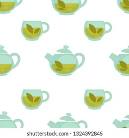 Teapot with green tea cartoon vector seamless pattern on white background