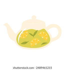 Teapot with green tea. Herbal tea in a glass teapot. Vector illustration. Isolated illustration on a white background.