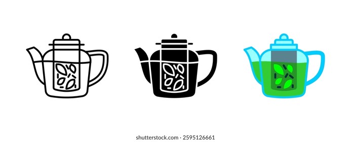 Teapot with green tea icon. Herbal infusion symbol for fresh and organic drinks. Glass kettle with steaming hot beverage. Healthy and natural tea brewing vector pictogram for kitchen branding.