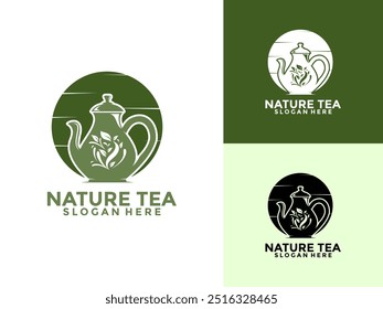 Tetera verde hoja de té logo icono de diseño Plantilla Vector plano. Plantilla del logotipo del té del Vector