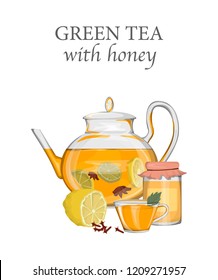 Teapot with green tea, lemon and honey. Glass kettle with hot aroma herbal drink. Fresh and good for health. Isolated vector illustration