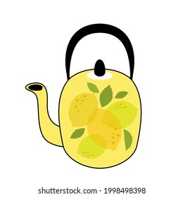 teapot with green tea, lemons and mint leaves. vector illustration isolated on white background