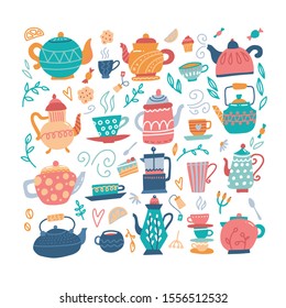 Teapot hand drawn big set with cups and sweeties. Isolated kettle, illustration for logo, cafe menu, banner, flayer in scandinavian doodle style. vector cute illustration.